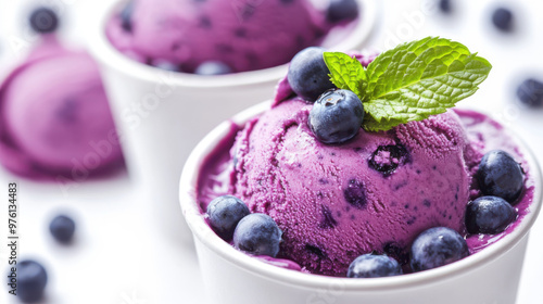 Delicious Bowl of Blueberry Sorbet Isolated on a white background