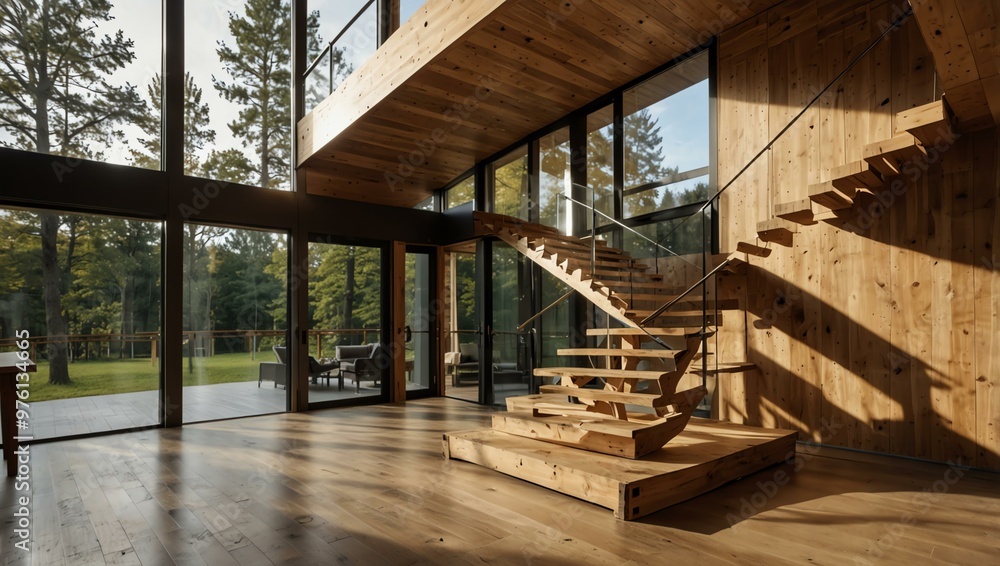 Modern wooden home interior with large windows and a staircase. Modern wooden home interior with large windows and a staircase.