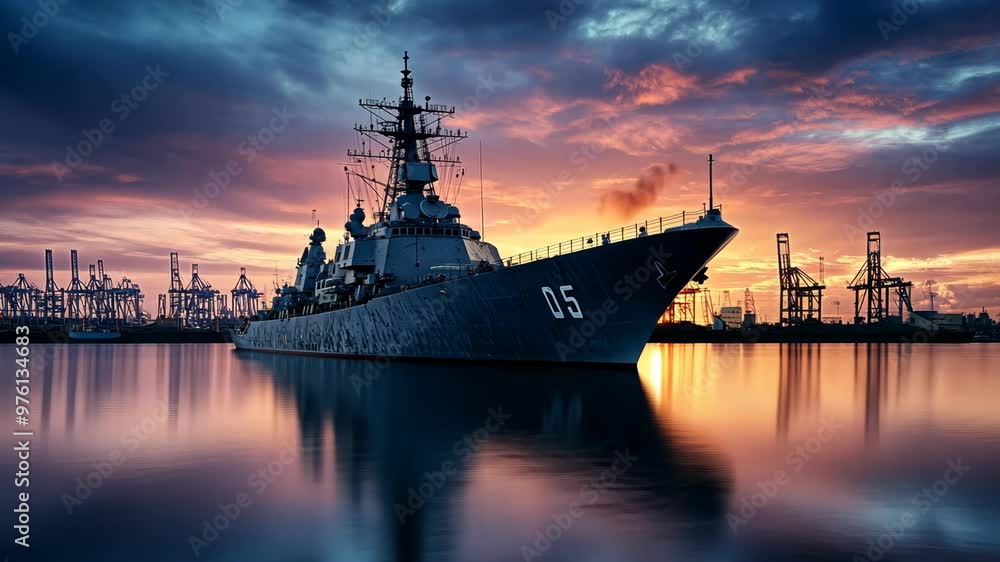 Sunset view of a naval ship docked by the port with cranes in the background Sunset view of a naval ship docked by the port with cranes in the background