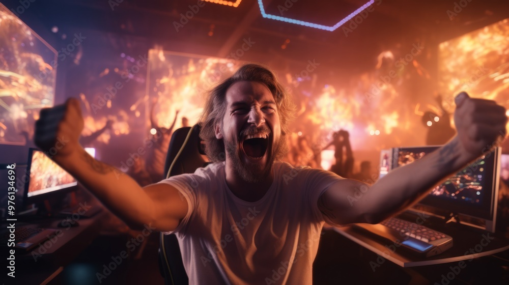 Cybersport young pro gamer happy with winning the game, feel exited. Neural network ai generated art Cybersport young pro gamer happy with winning the game, feel exited. Neural network ai generated art