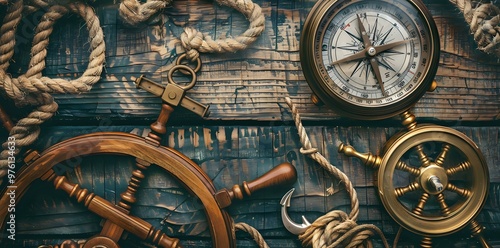 Nautical tools and accessories on a wooden surface, evoking exploration and adventure.