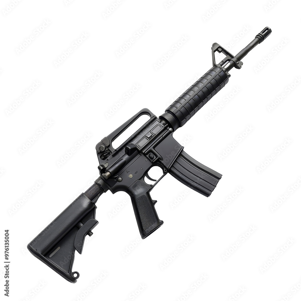 Close-up of a black military-style rifle displayed on a transparent background, showcasing its details and design Close-up of a black military-style rifle displayed on a transparent background, showcasing its details and design