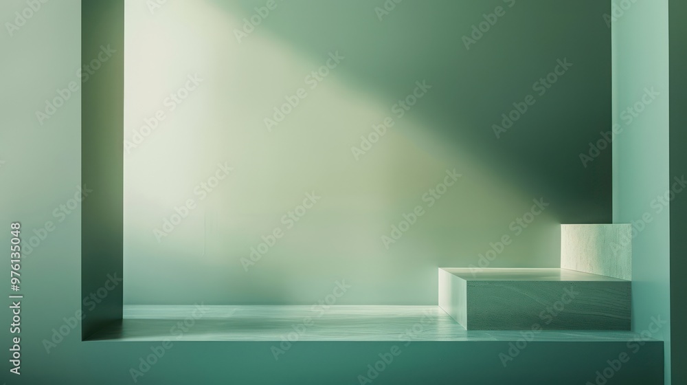 Minimalist Green Room with Marble Pedestal Minimalist Green Room with Marble Pedestal