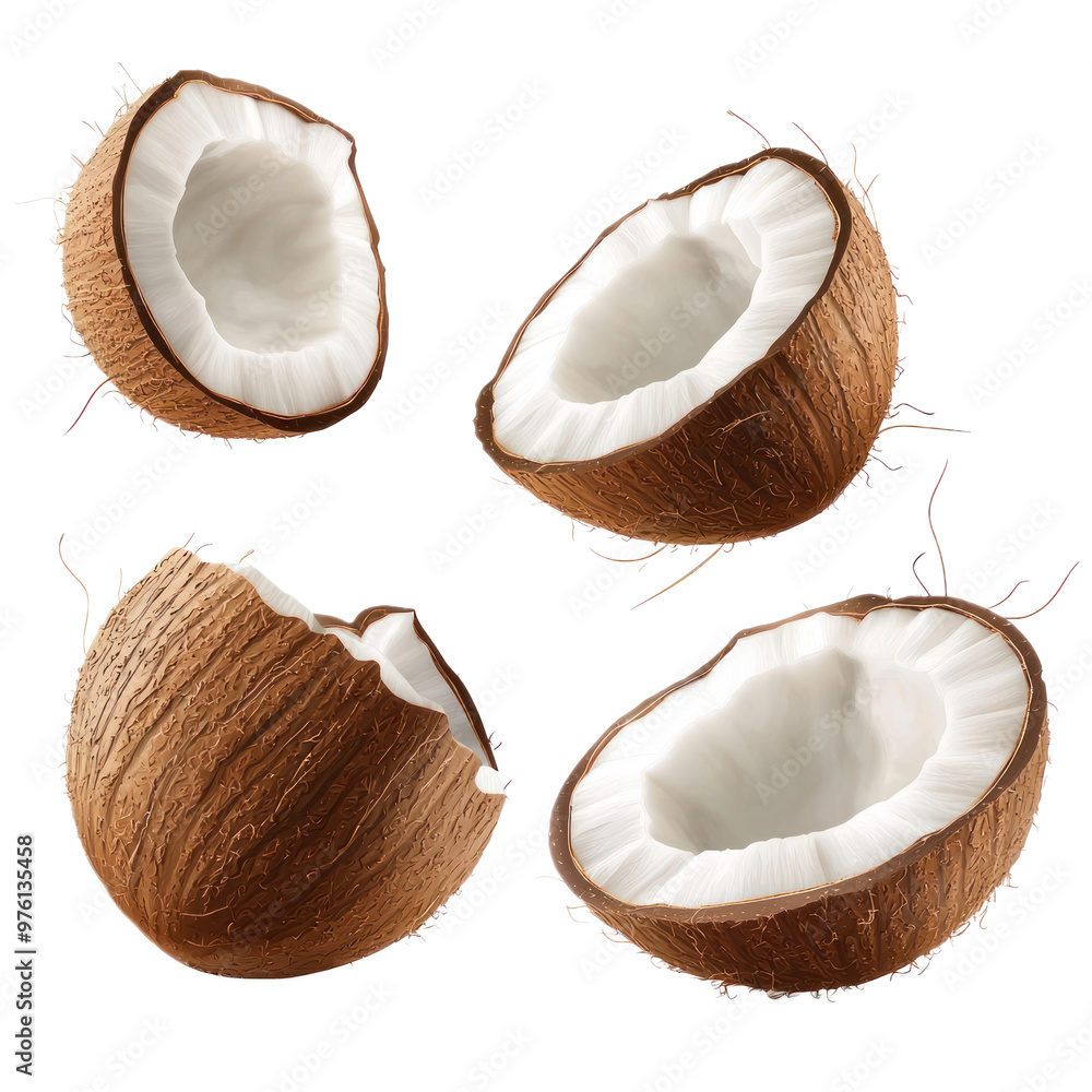 Set of whole Coconut, half and slice falling in the air isolated on transparency background Set of whole Coconut, half and slice falling in the air isolated on transparency background