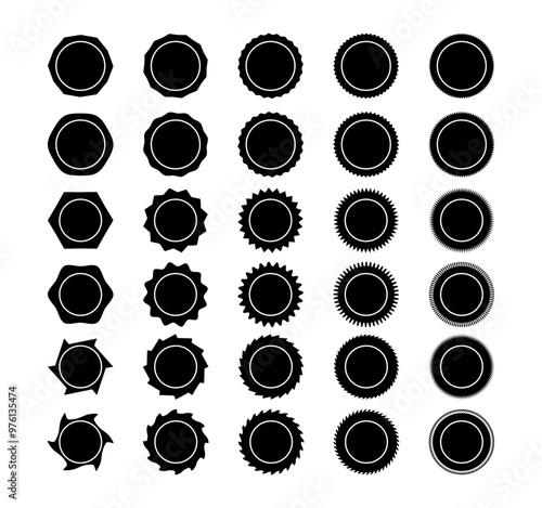 Set of circular elements with borders of different styles. Stickers, figures, labels, circular shape. Discount label.