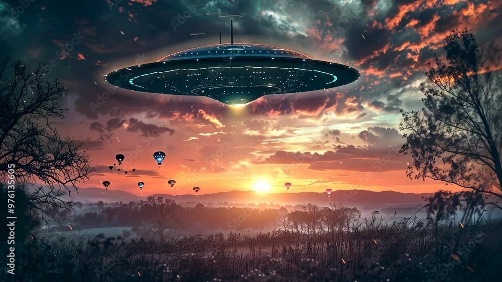 An alien spaceship hovers over a scenic landscape during sunset with hot air balloons in the background An alien spaceship hovers over a scenic landscape during sunset with hot air balloons in the background