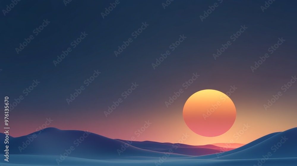 Obraz premium Serene Sunset Over Rolling Hills, an illustration of a vibrant sunset with a large orange sun setting behind a line of blue hills, symbolizing peace, tranquility, hope, new beginnings