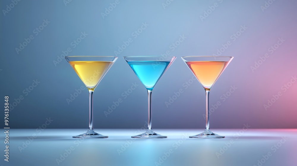 Three martini glasses filled with yellow, blue, and orange liquids, symbolizing celebration, cocktail culture, vibrant colors, and social gatherings. Three martini glasses filled with yellow, blue, and orange liquids, symbolizing celebration, cocktail culture, vibrant colors, and social gatherings.