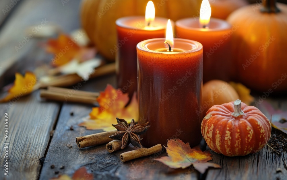 Cozy autumn aromas with fall-scented candles on a rustic wooden table surrounded by vibrant pumpkins and colorful leaves Cozy autumn aromas with fall-scented candles on a rustic wooden table surrounded by vibrant pumpkins and colorful leaves