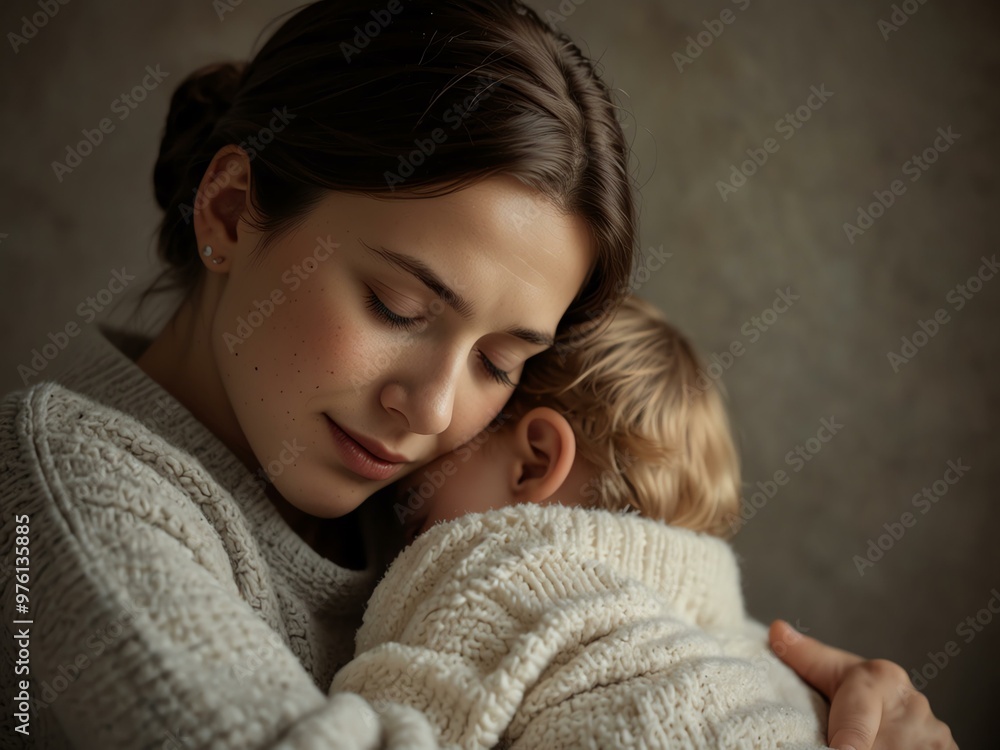 Mother comforting her child with a warm hug. Mother comforting her child with a warm hug.