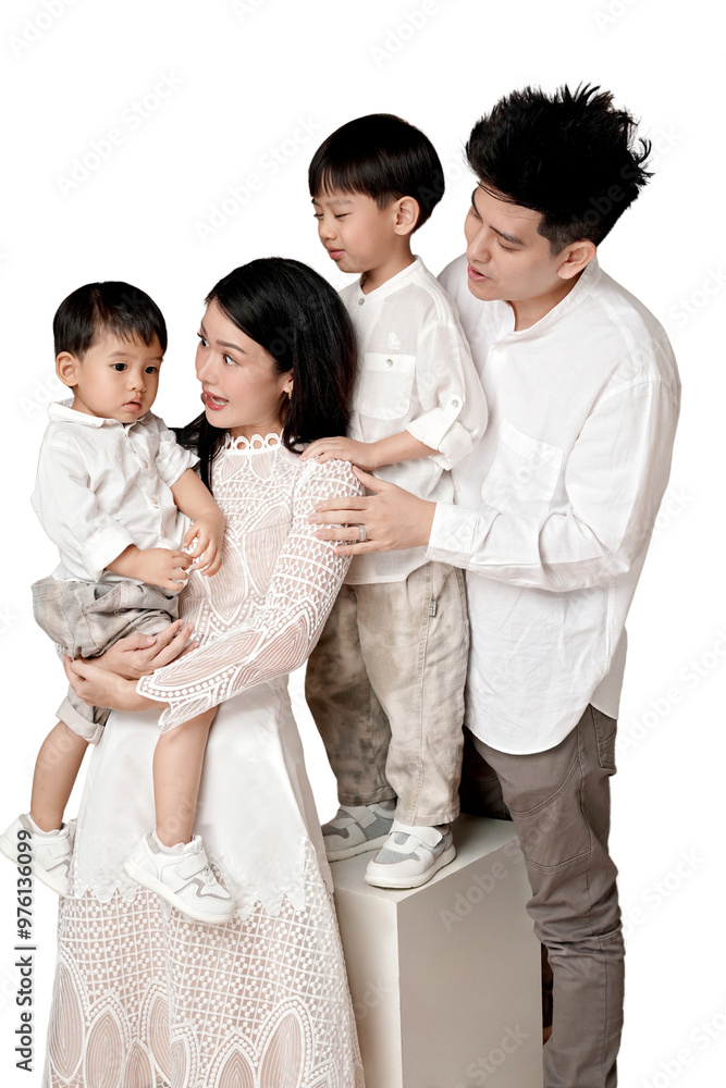 Obraz premium Happy Asian family of four in white attire enjoying quality time together, capturing moments of love and togetherness with parents, and children. transparent PNG white background.