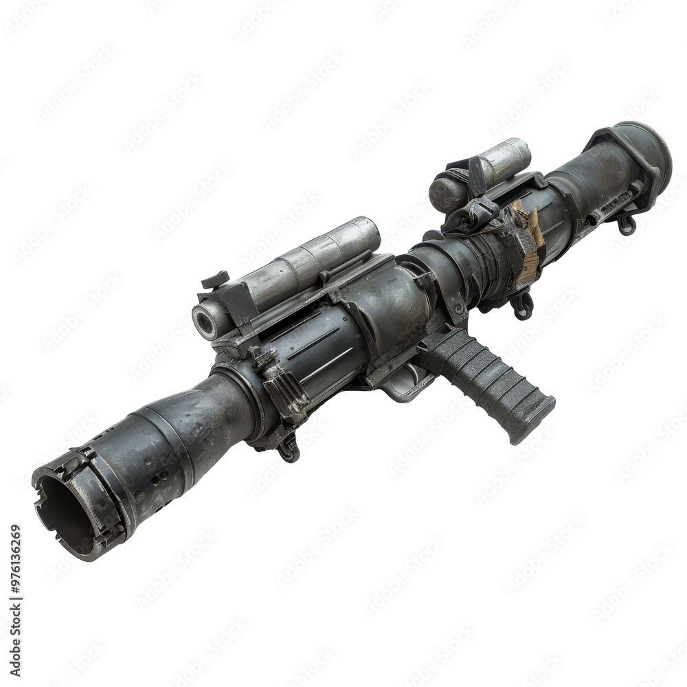 A military rocket launcher rests on a flat surface, featuring intricate details and attachments A military rocket launcher rests on a flat surface, featuring intricate details and attachments