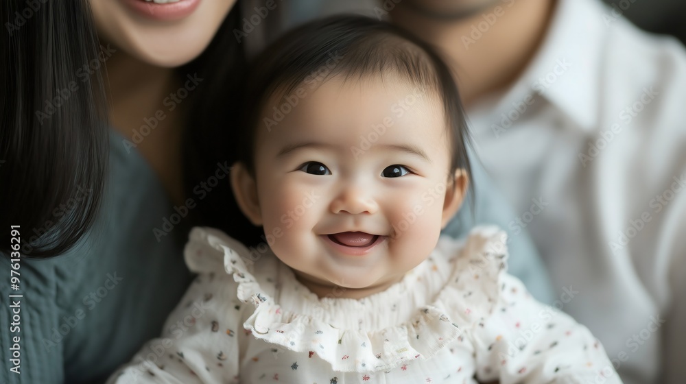 Portrait of a smiling little, cute, sweet Asian baby sitting on a parent's lap Newborn daughter laughing together with mother and father Chinese Family bonding Children love, care Happy cheerful kid Portrait of a smiling little, cute, sweet Asian baby sitting on a parent's lap Newborn daughter laughing together with mother and father Chinese Family bonding Children love, care Happy cheerful kid