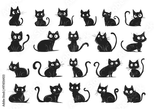 Hand-Drawn Comics Style Different Black Cats Illustrations Set Black On White Adorable Various Poses Art Style Unique Illustrations Whimsical Kids Book Illustrations Collection