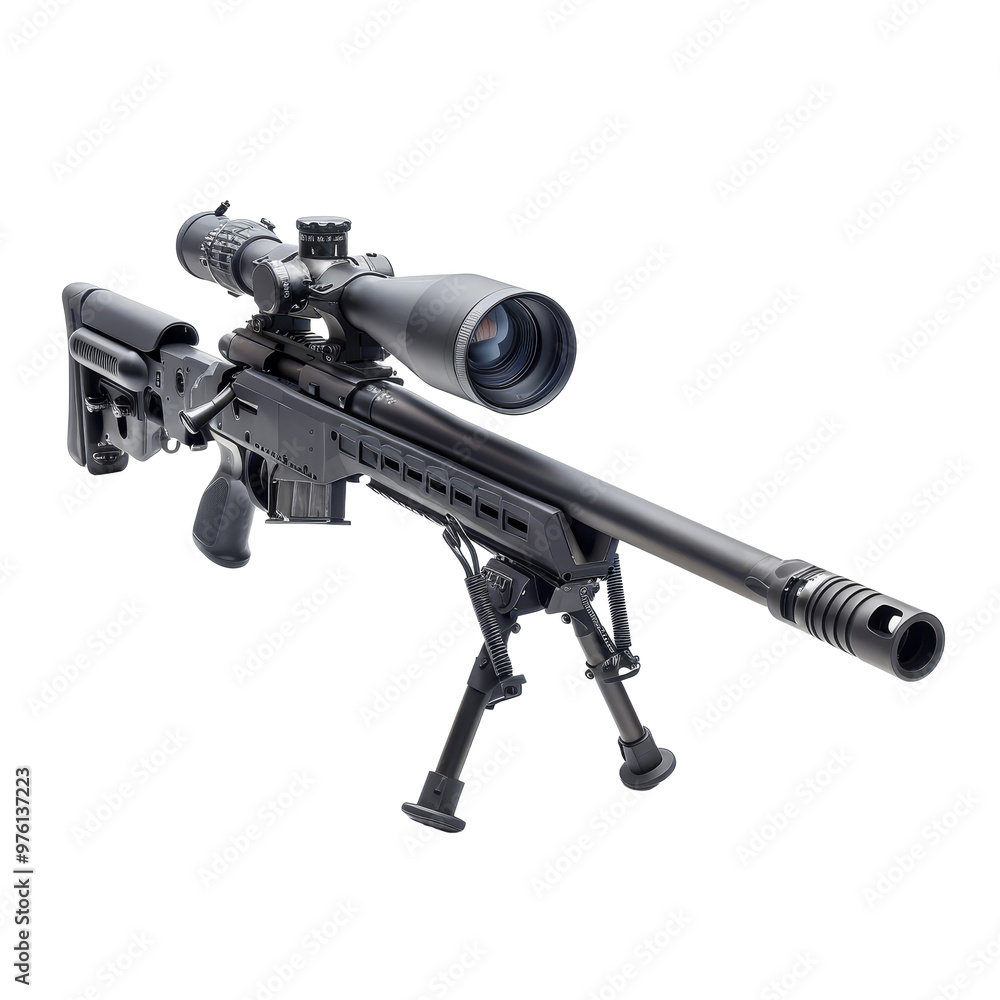 High-precision sniper rifle with telescopic sight and bipod designed for long-range targeting in tactical environments High-precision sniper rifle with telescopic sight and bipod designed for long-range targeting in tactical environments
