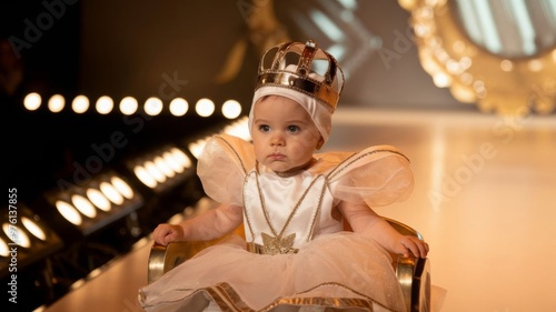 Children modeling on the runway On a princess dress sits a chair. photo