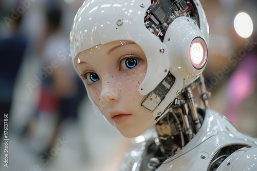 Futuristic portrait of a robot child with glowing eyes symbolizing artificial intelligence technology and the integration of human like emotion with machines