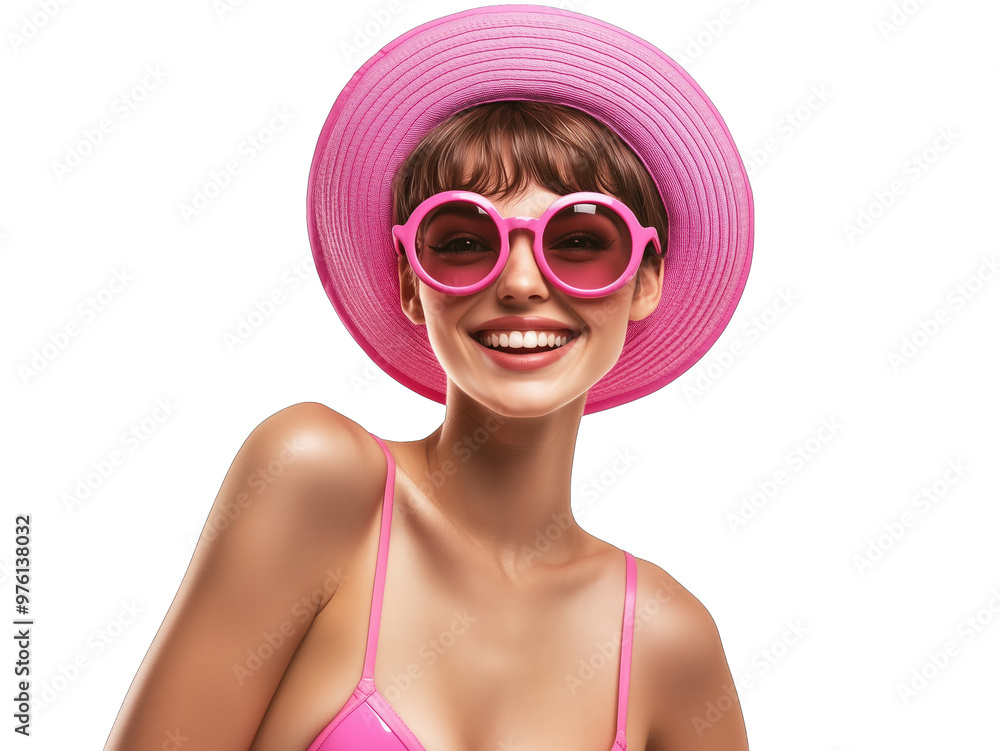 A young woman in a pink hat and sunglasses poses happily, showcasing summer style and vibrant energy A young woman in a pink hat and sunglasses poses happily, showcasing summer style and vibrant energy