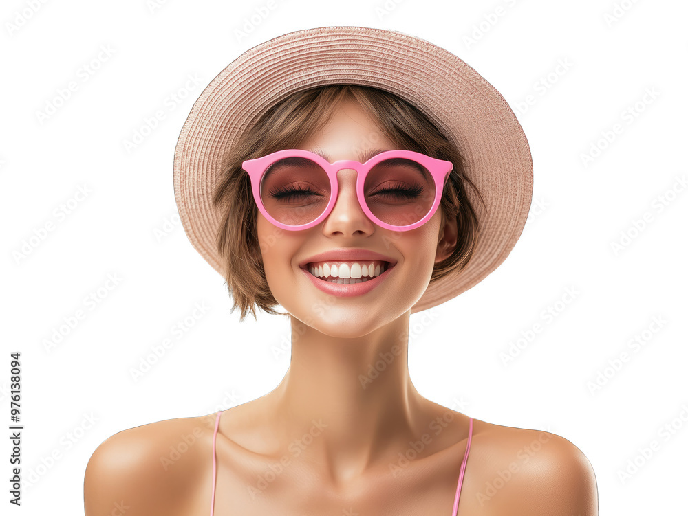 Cheerful woman wearing pink sunglasses and a sun hat smiles brightly against a white background during a sunny day Cheerful woman wearing pink sunglasses and a sun hat smiles brightly against a white background during a sunny day