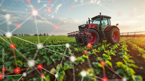 Red Tractor Working a Field with a Network of Connections Above