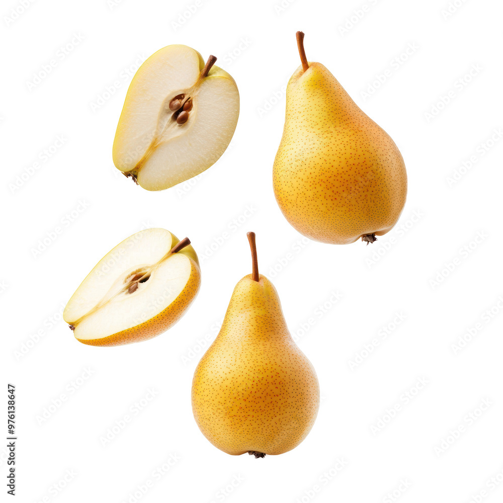 Set of whole Pear, half and slice falling in the air isolated on transparency background Set of whole Pear, half and slice falling in the air isolated on transparency background