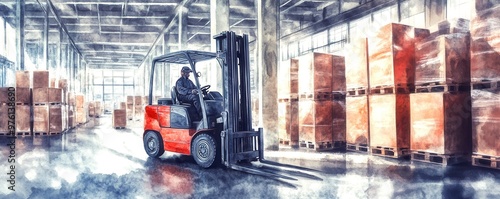 A forklift operating in a spacious warehouse filled with neatly stacked wooden crates, showcasing industrial efficiency and organization.