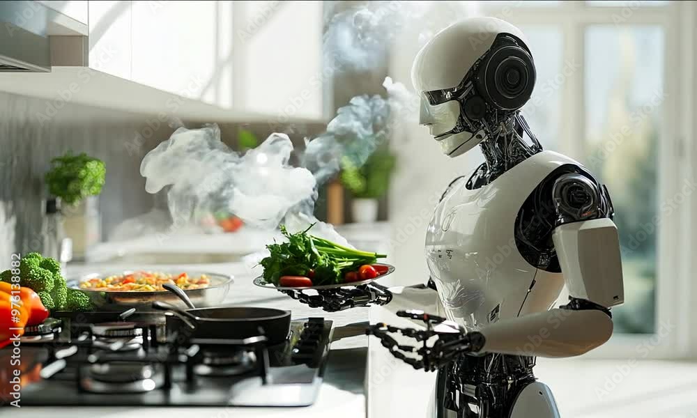 An android robot cooking in a house. Slow motion. An android robot cooking in a house. Slow motion.