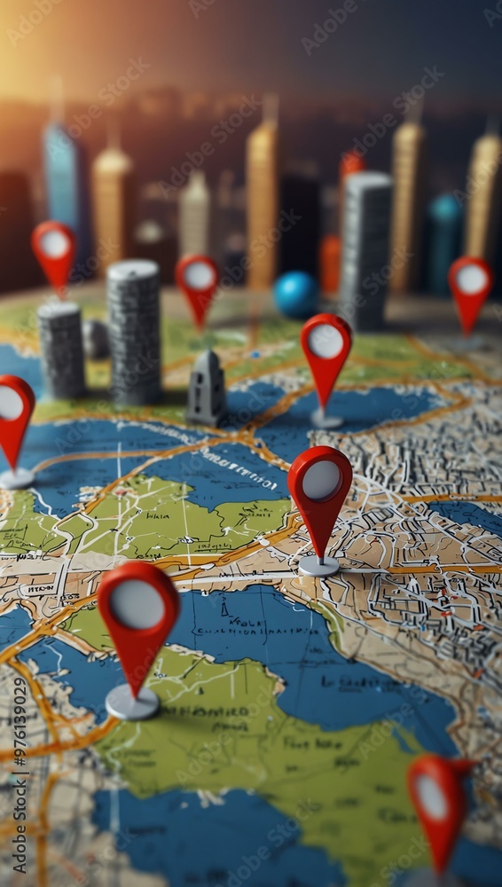 Navigation concept with map pins and city backdrop. Navigation concept with map pins and city backdrop.