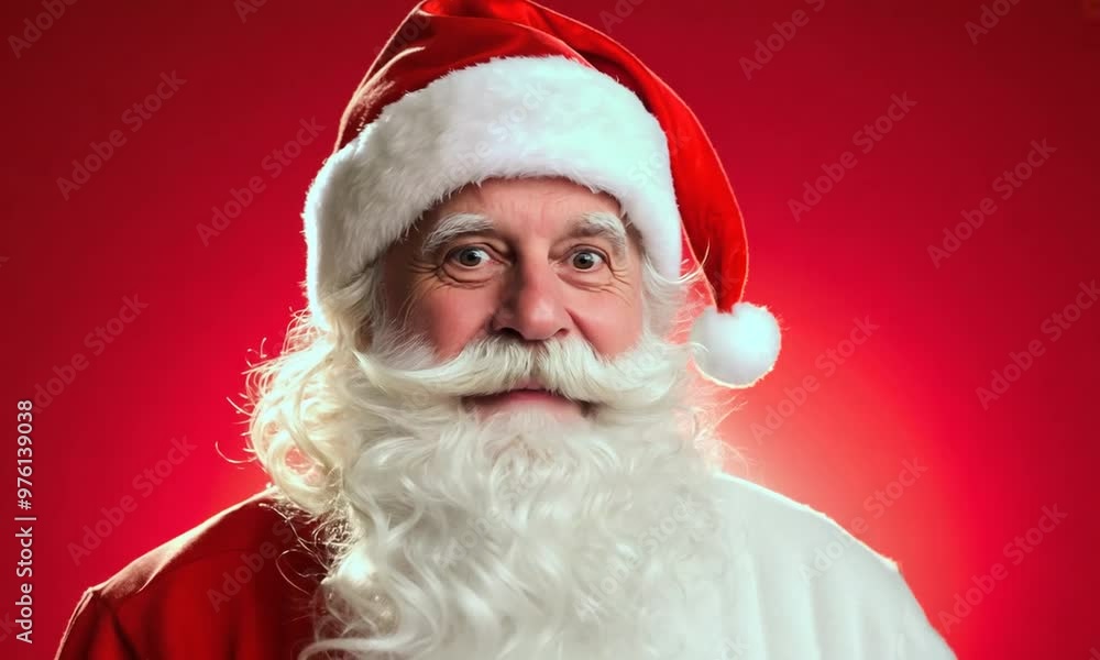 Portrait of Santa Claus on red background, talking looking at camera. Portrait of Santa Claus on red background, talking looking at camera.