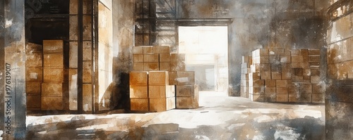 A spacious warehouse filled with stacked boxes, illuminated by natural light, creating an industrial yet organized atmosphere.