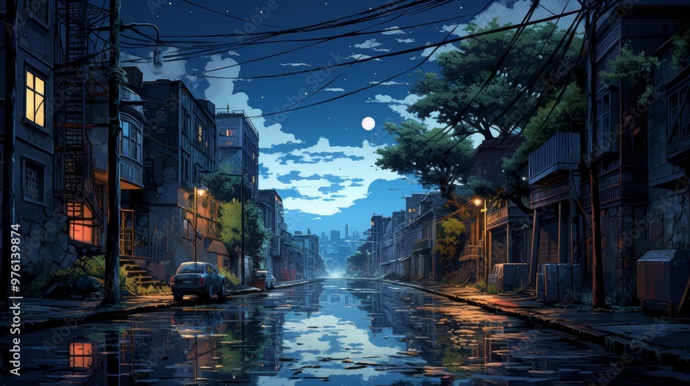 Obraz premium A reflective illustration of a quiet street in the rain under a steel blue sky