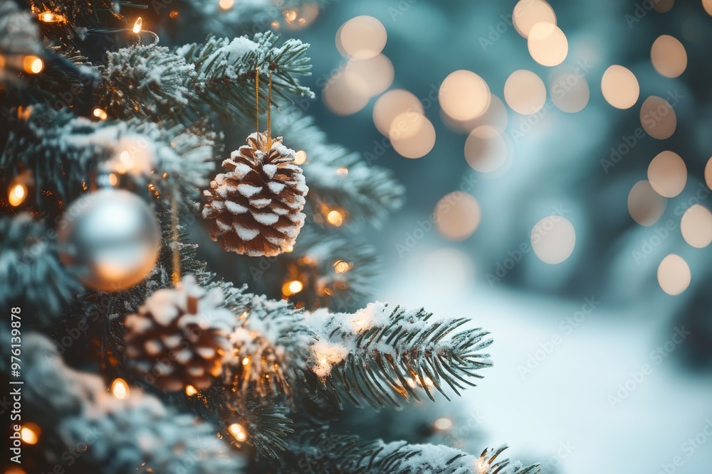 Festive christmas scene featuring decorated tree and snowy background for holiday celebrations Festive christmas scene featuring decorated tree and snowy background for holiday celebrations