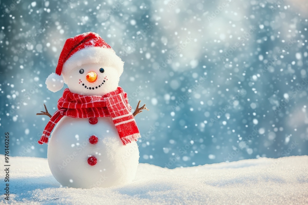 Merry christmas and happy new year card featuring a joyful snowman in a winter wonderland Merry christmas and happy new year card featuring a joyful snowman in a winter wonderland