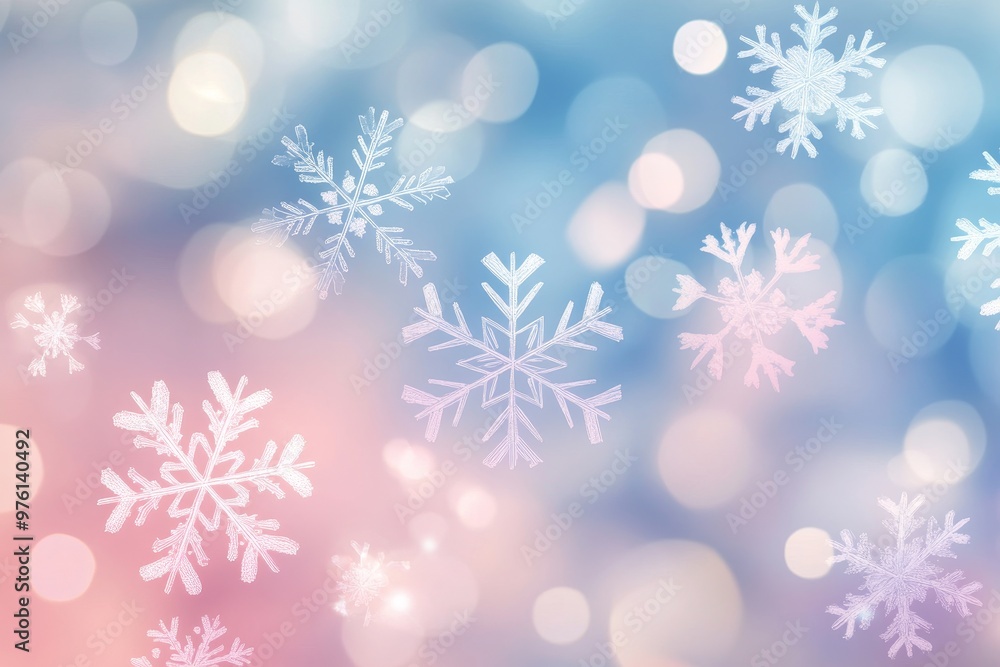 Pastel snowflakes with bokeh lights in a minimalistic christmas background illustration Pastel snowflakes with bokeh lights in a minimalistic christmas background illustration