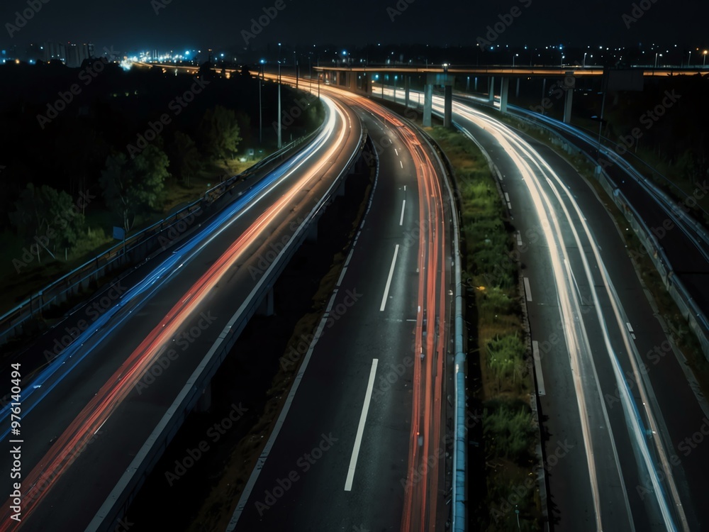 Night highway traffic flow—overhead view. Night highway traffic flow—overhead view.