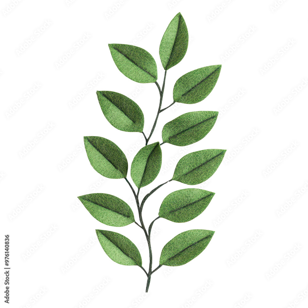 Obraz premium A detailed illustration of a green leaf branch, showcasing vibrant colors and intricate textures, ideal for nature-themed designs., isolated on a transparent background.