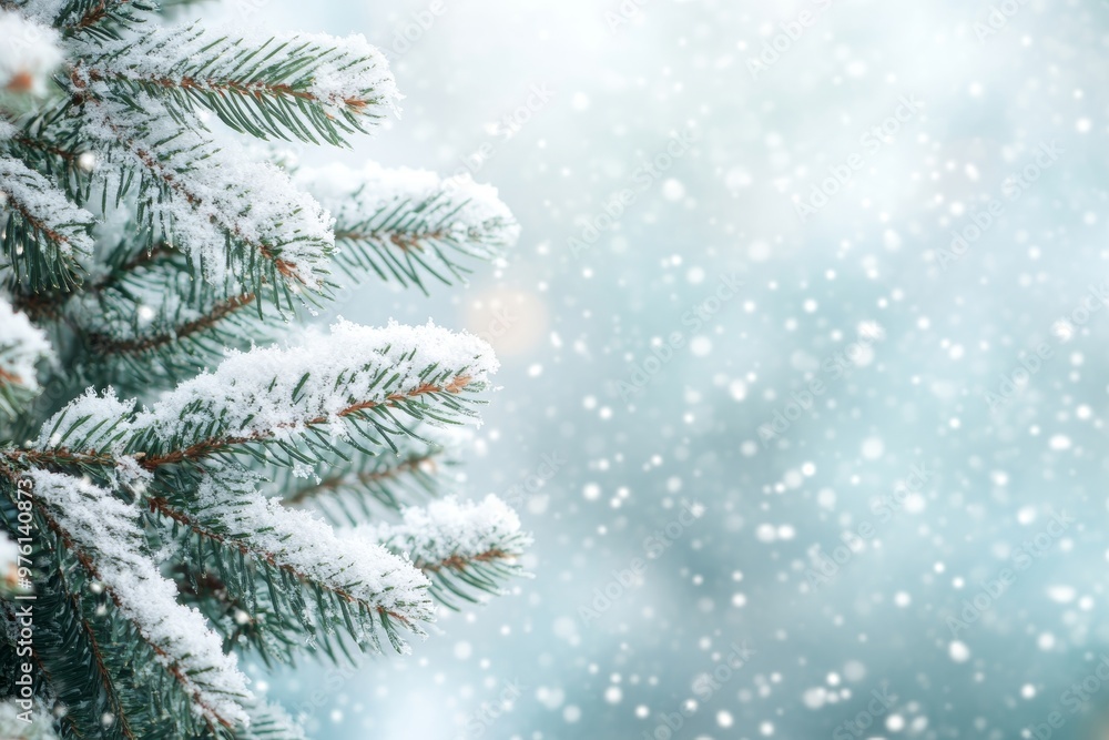 Stunning snow covered christmas tree branches with blurred falling snow and copy space banner Stunning snow covered christmas tree branches with blurred falling snow and copy space banner