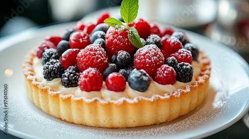 A Close-up View of a Fruit Tart with Cream and Powdered Sugar