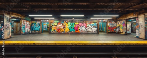 Empty subway station platform covered in graffiti art