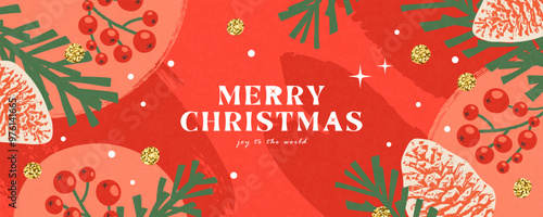 Merry Christmas Joy to the world greeting banner. Retro Xmas art design with fir cones, spruce branches, rowan berry clusters and snowflakes. Postcard, poster, flyer, mockup, cover in simple flat