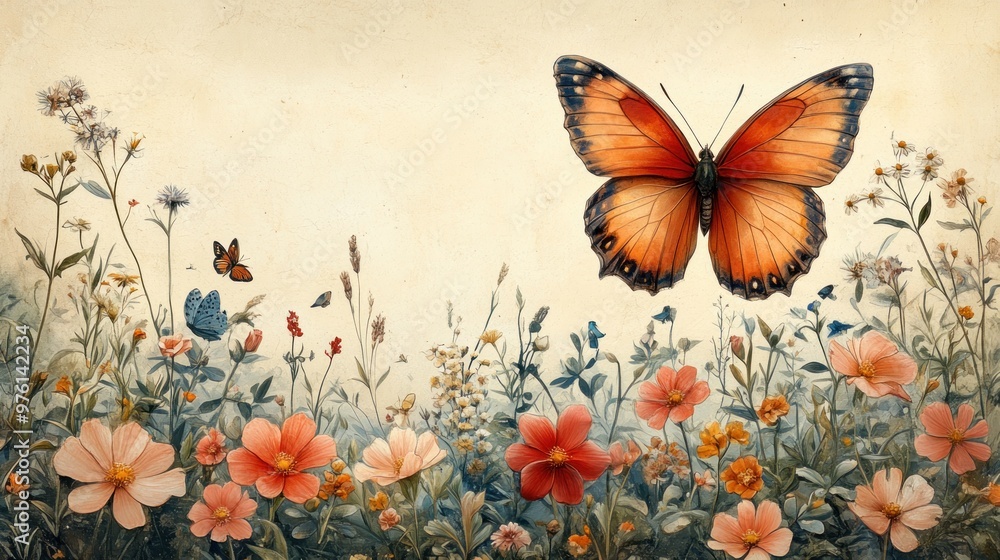 A vibrant butterfly amidst a colorful flower garden. A vibrant butterfly amidst a colorful flower garden.