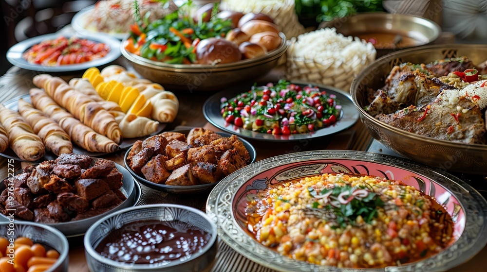 A Table Spread with Various Dishes of Food A Table Spread with Various Dishes of Food