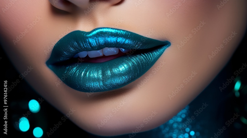 Fototapeta premium Woman face in glowing blue makeup paint. Neural network ai generated art