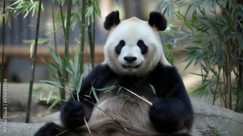 Obraz premium A Gentle Giant Panda Sits Peacefully in a Bamboo Forest, Munching on Leaves with a Serene Expression