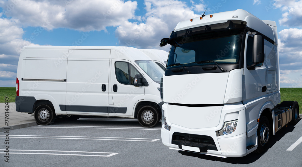Semi trucks and delivery vans are parked in rows. Commercial fleet. Semi trucks and delivery vans are parked in rows. Commercial fleet.