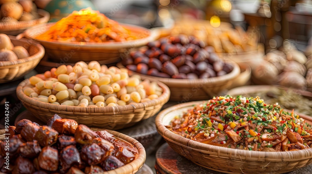 Assorted Dried Fruits and Nuts in Wicker Baskets Assorted Dried Fruits and Nuts in Wicker Baskets