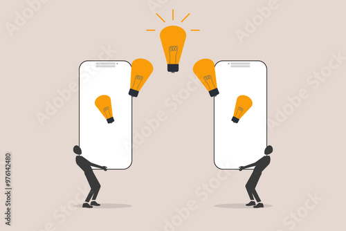 Business people transfer or sharing idea and knowledge to new lightbulb. concept of information, creativity or innovation, learning new skills