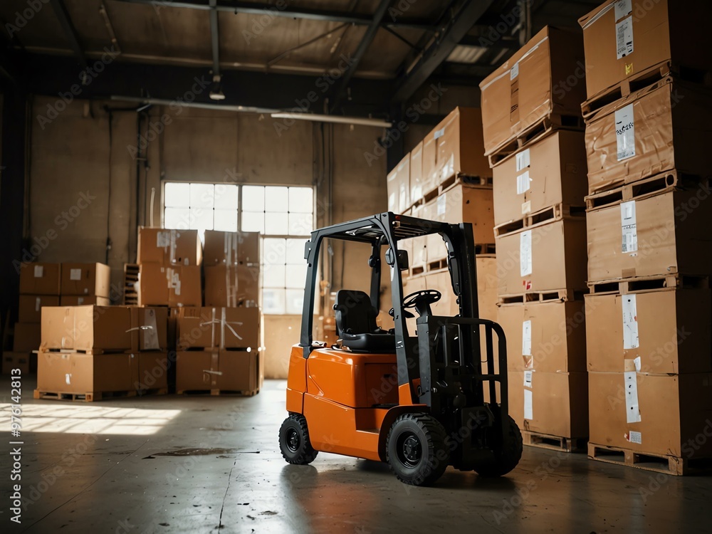 Orange forklift in a sun-filled warehouse surrounded by stacked boxes. Orange forklift in a sun-filled warehouse surrounded by stacked boxes.