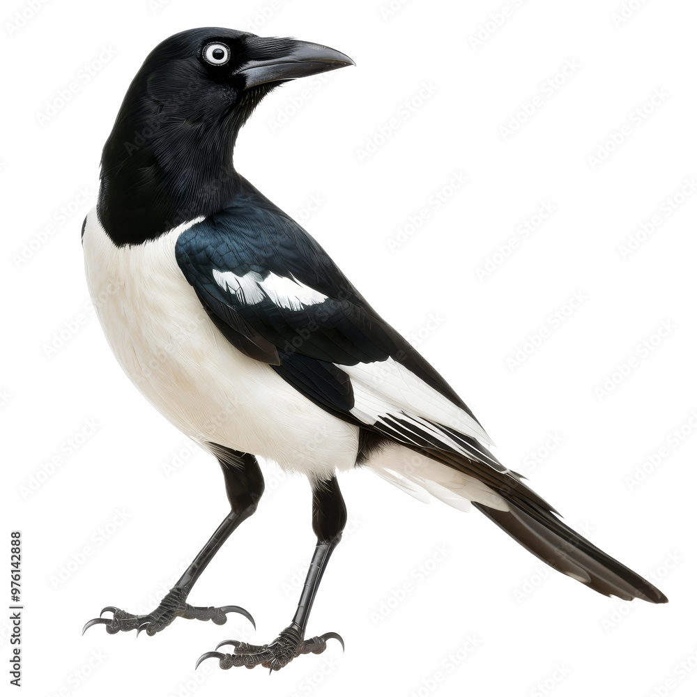 A striking black and white magpie stands proudly on a transparent background, showcasing its unique plumage and sharp features A striking black and white magpie stands proudly on a transparent background, showcasing its unique plumage and sharp features