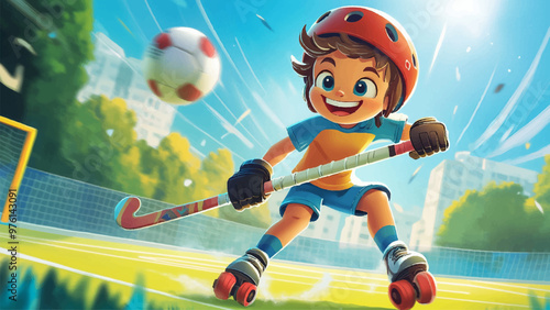Little Boy On Rollerblades Playing Field Hockey Cartoon Illustration For Childrens Book Character Rollerblades Exciting Field Hockey Game Kids Storybook Active Sports Scene